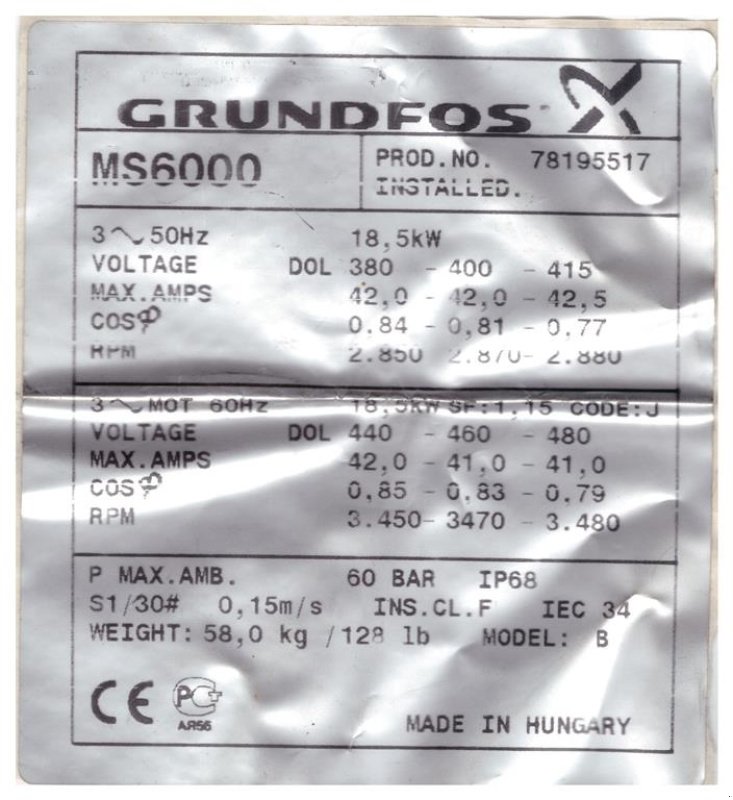 Beregnungspumpe tip GRUNDFOS SP60/11 - 25 HK, Gebrauchtmaschine in Tønder (Poză 1)
