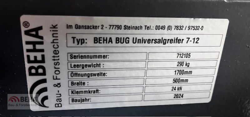 Forstgreifer und Zange του τύπου BEHA Ausstellungsgreifer BEHA Universalgreifer BUG 7-12 m. Kompaktrotator 707, Lehnhoff MS08, Top Zustand, Gebrauchtmaschine σε Steinach (Φωτογραφία 4)