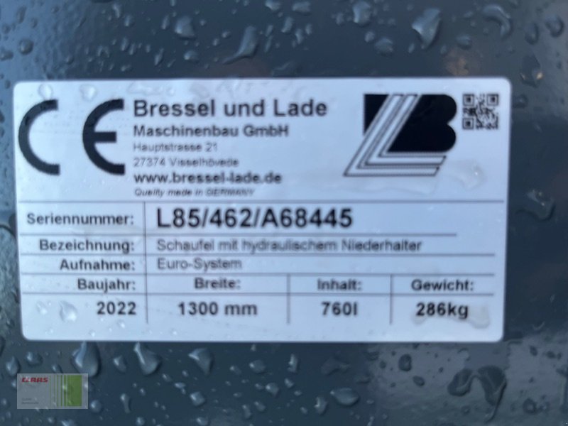 Frontladerzubehör typu Bressel & Lade L85 Schaufel mit hydr. Niederhalter 1,30m, Neumaschine w Risum-Lindholm (Zdjęcie 5)