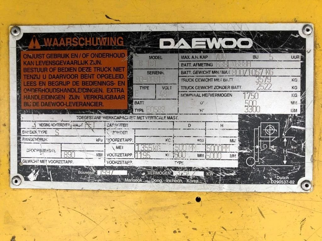 Frontstapler des Typs Daewoo B18T 1.8 ton Elektra Sideshift Heftruck, Gebrauchtmaschine in VEEN (Bild 4)