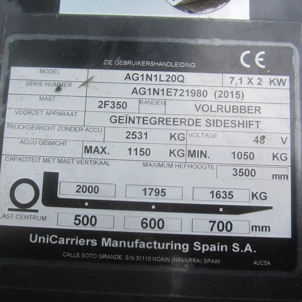 Frontstapler du type Nissan Heftruck AG1N1L20Q, elek., duplomast, side shift., Gebrauchtmaschine en Tubbergen (Photo 9)