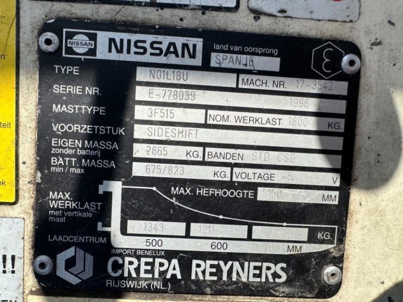 Frontstapler des Typs Nissan N01L18U 1.8 ton Triplex Freelift Sideshift Elektra Heftruck Accu, Gebrauchtmaschine in VEEN (Bild 3)