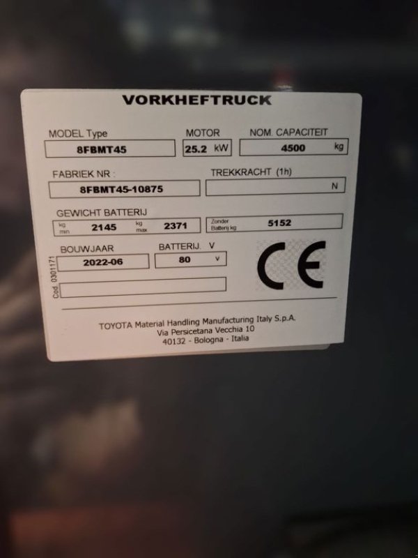 Frontstapler des Typs Toyota 8FBMT45, Gebrauchtmaschine in Barneveld (Bild 5)