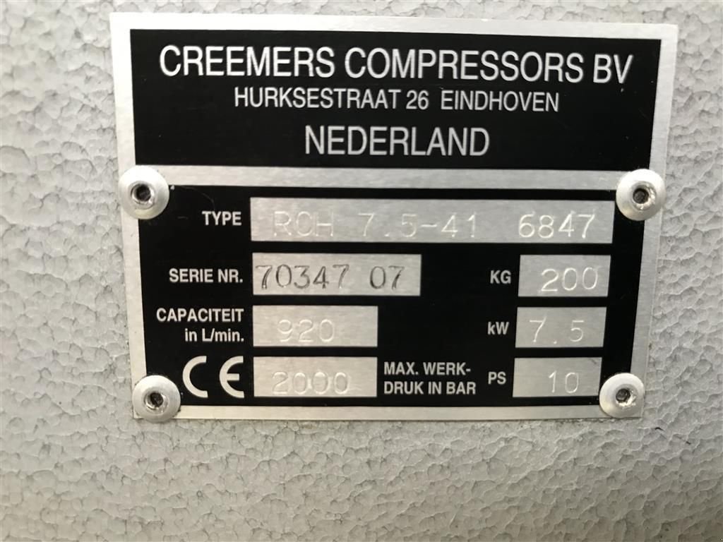 Hof-Kompressor typu Creemers RCH 7.5-41 7.5 kW 920 L / min 10 Bar Elektrische Schroefcompress, Gebrauchtmaschine w VEEN (Zdjęcie 2)
