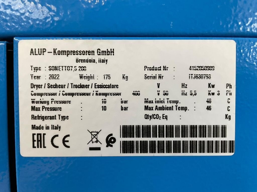 Kompressor tip Alup Sonetto 7.5 + 200 Elektrische Schroefcompressor 5.5 kw 780 L / m, Neumaschine in VEEN (Poză 3)