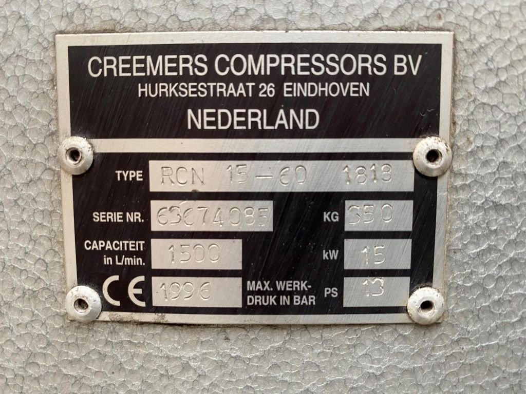 Kompressor typu Creemers RCN 15-60 15 kW 1500 L / min 13 Bar Elektrische Schroefcompresso, Gebrauchtmaschine v VEEN (Obrázok 3)
