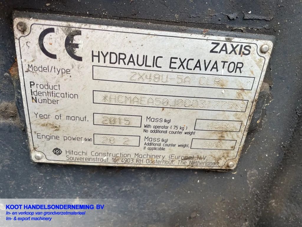 Minibagger typu Hitachi Zx 48u-5 Grease Systeem, Gebrauchtmaschine v Nieuwerkerk aan den IJssel (Obrázek 11)