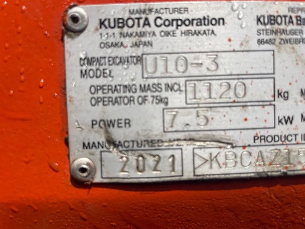 Minibagger Türe ait Kubota U10-3 minigraafmachine 2021 met slechts 700 uur, Gebrauchtmaschine içinde Kwintsheul (resim 10)