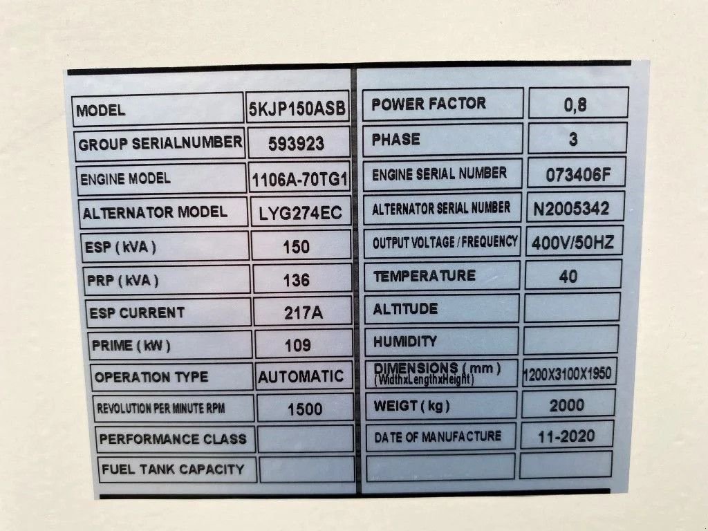 Notstromaggregat del tipo Perkins 1106A-70TG1 Stamford 150 kVA Silent generatorset New !, Neumaschine en VEEN (Imagen 8)