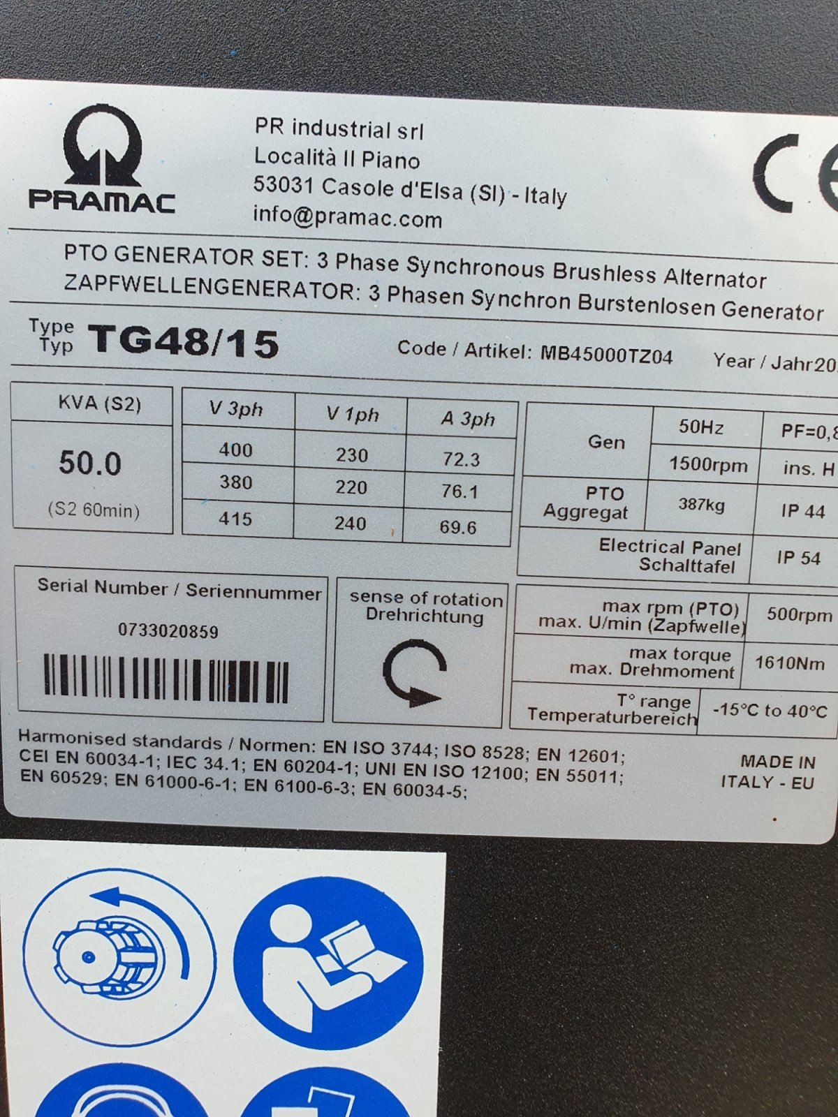 Notstromaggregat of the type Pramac TG48/15 Zapfwellenstromgenerator, Neumaschine in Diespeck (Picture 12)