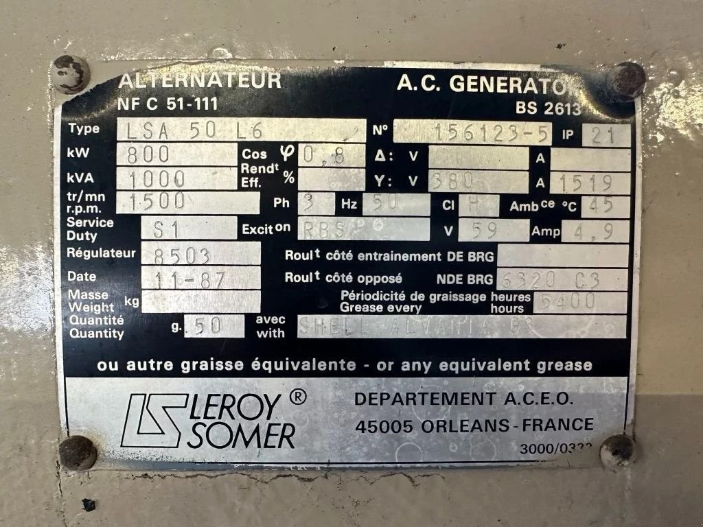 Notstromaggregat des Typs Sonstige Leroy Somer LSA 50 L6 Generatordeel 1000 kVA Alternator ex Emergency As New, Gebrauchtmaschine in VEEN (Bild 3)