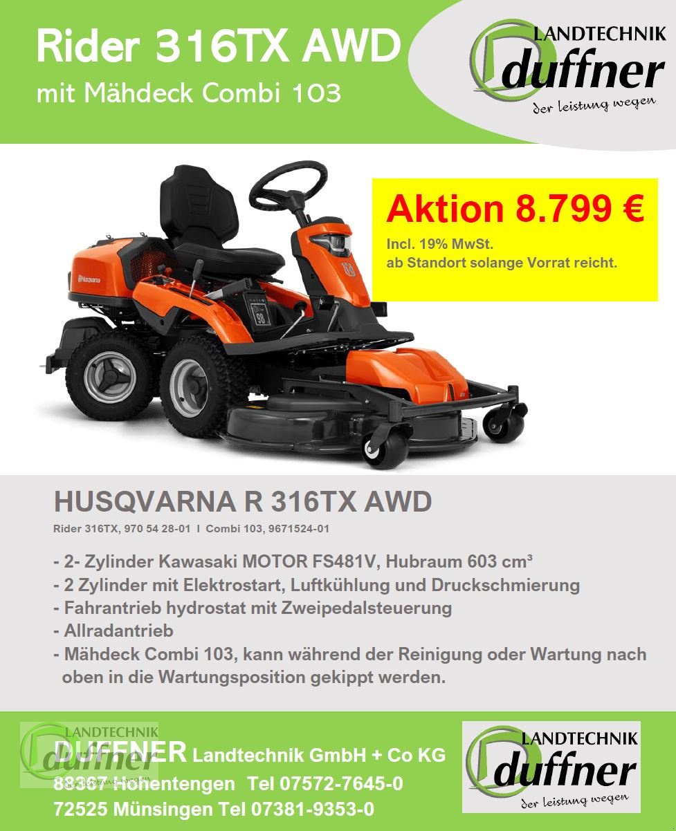 Rasentraktor des Typs Husqvarna Rider 316TX AWD Allrad, Neumaschine in Hohentengen (Bild 1)