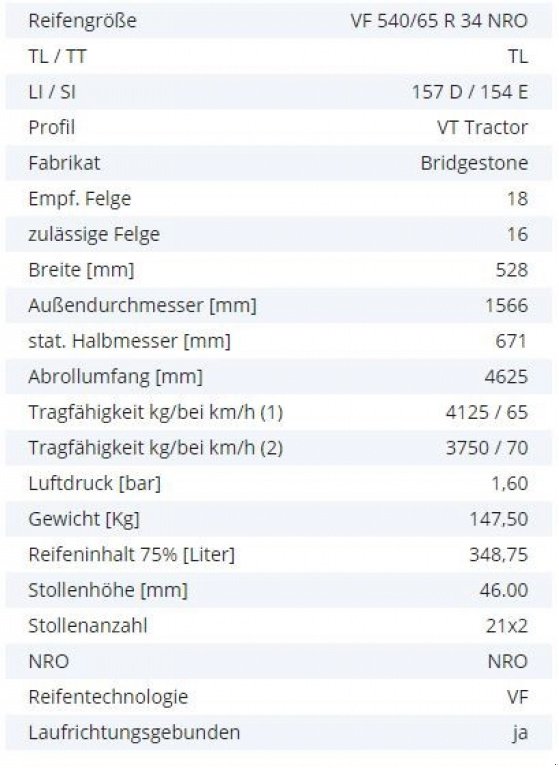 Reifen des Typs Bridgestone VF 540/65 R34 NRO 157D / 154 E, TL, VT 70 km/H NEU, Neumaschine in Schutterzell (Bild 2)