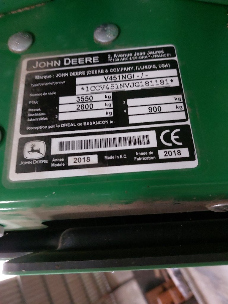 Rundballenpresse typu John Deere V 451 G RFF, Gebrauchtmaschine v DIFFENBACH-LES-HELLIMER (Obrázek 3)
