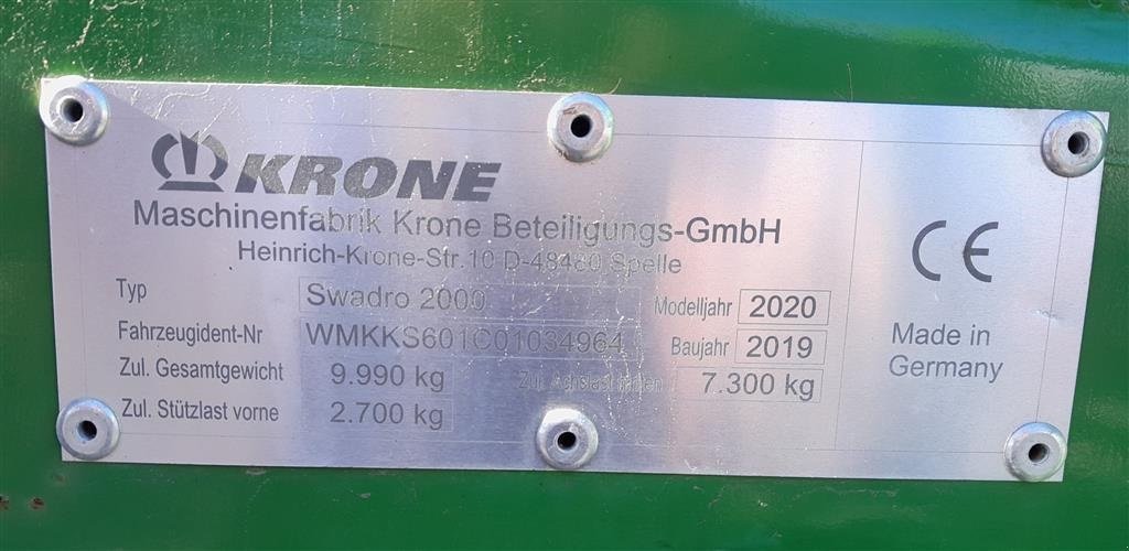 Schwader типа Krone Swadro 2000, Gebrauchtmaschine в Horsens (Фотография 10)