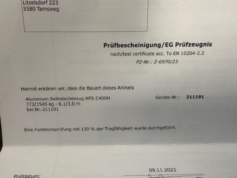 Sonstige Forsttechnik des Typs Sonstige SFS Seilratschenzug HFS C400H, Neumaschine in Tamsweg (Bild 12)