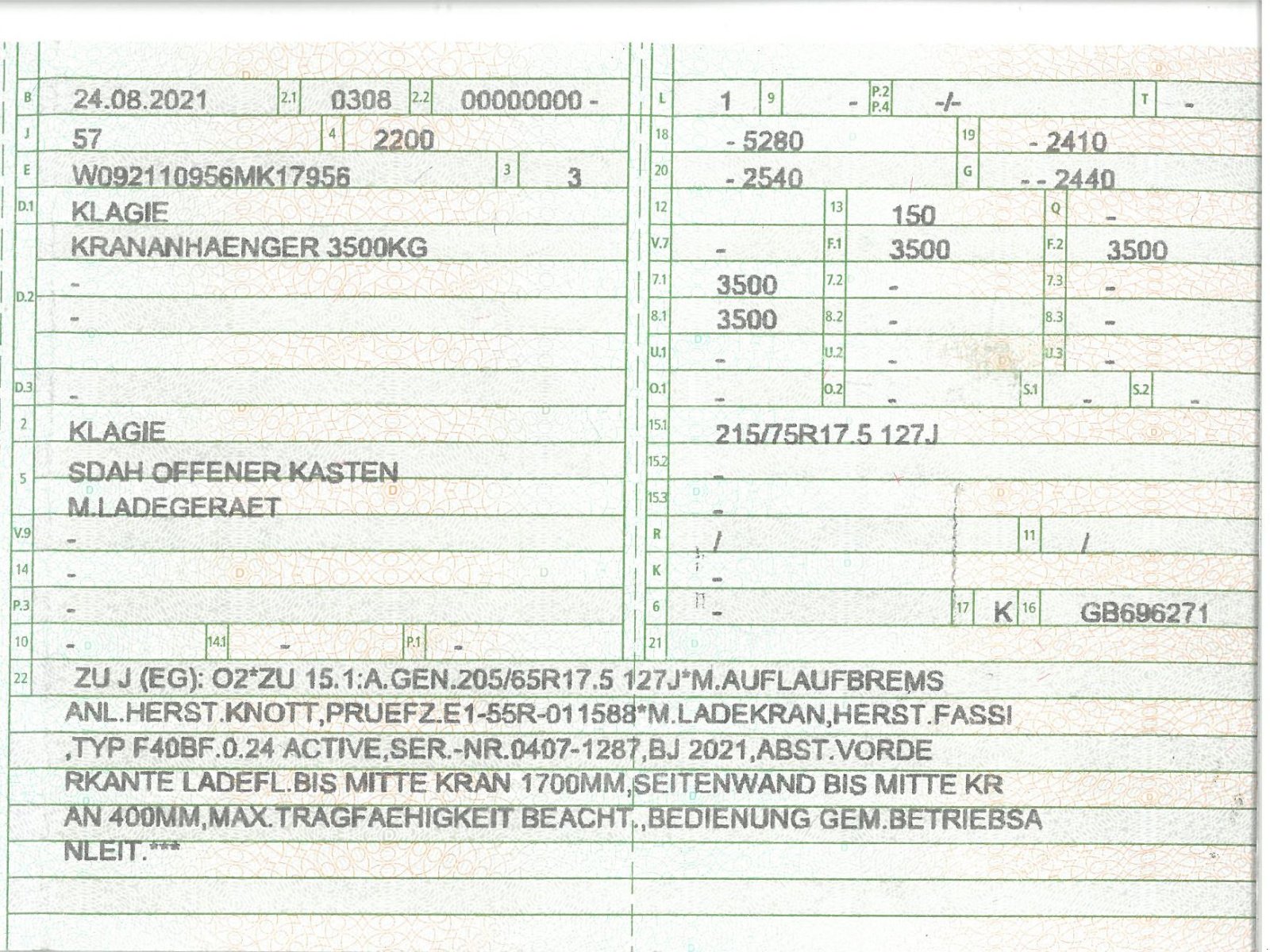Sonstige Transporttechnik του τύπου Klagie KRANANHÄNGER mit Fassi-Kran Modell F40BF.0.24 Active, Gebrauchtmaschine σε Wagenfeld (Φωτογραφία 19)