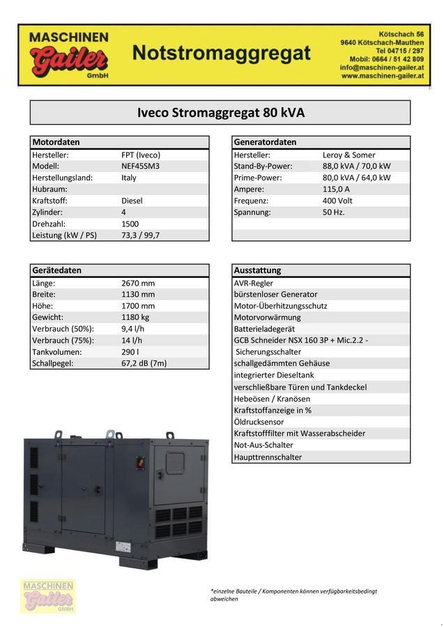 Stromgenerator of the type Iveco FOGO FD 80 I-ST mit Steckdosenpaket, Neumaschine in Kötschach (Picture 11)