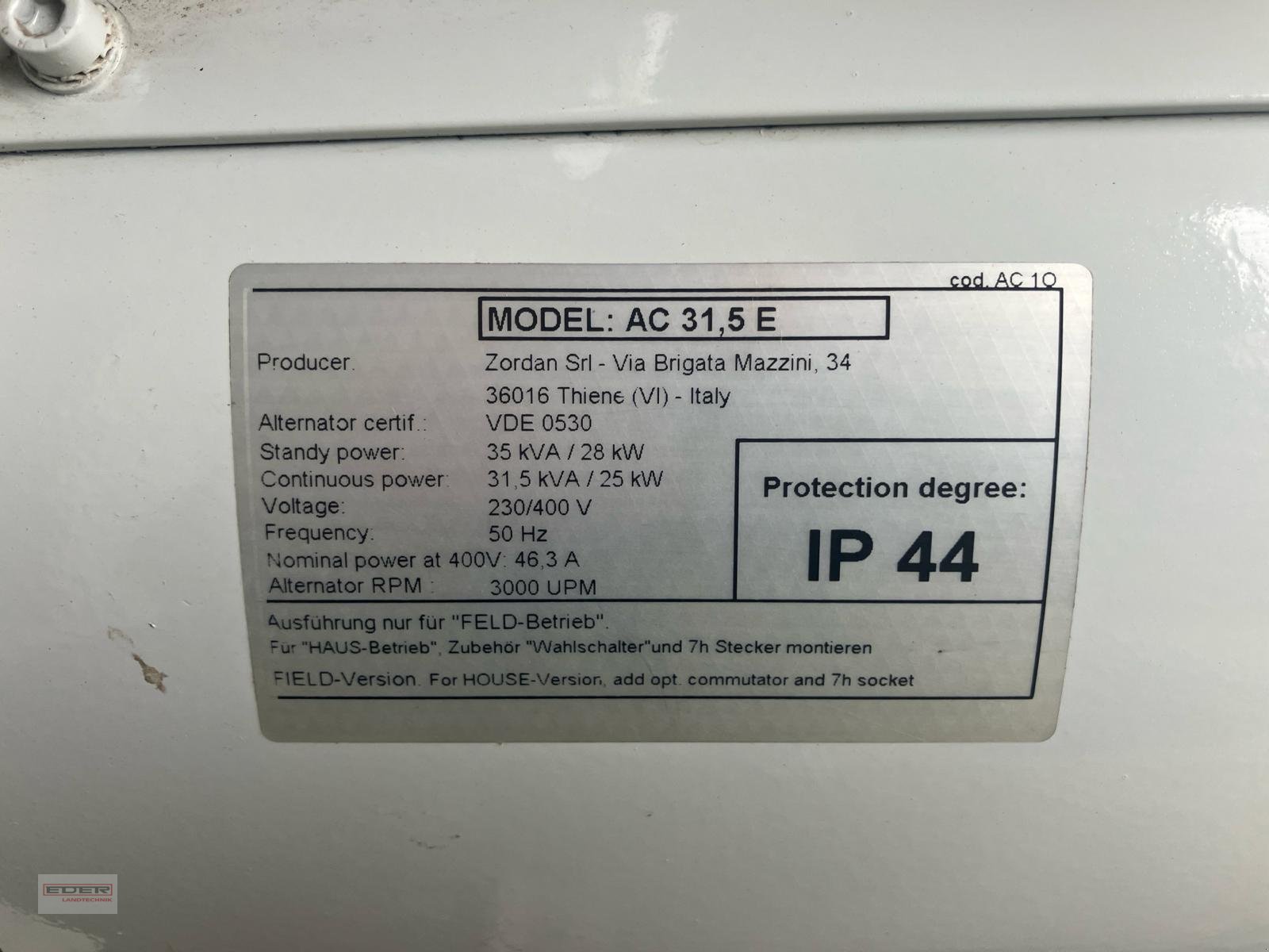 Stromgenerator typu ZORDAN AC 31,5 E, Gebrauchtmaschine v Pähl (Obrázek 7)