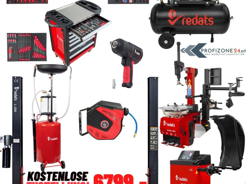 Werkstattausstattung a típus schieder Mega KFZ-Werkstatt Set inkl. Hebebühne, Reifenmontage- und -wuchtmaschine, 100l Kompressor, 420tlg. Werkstattwagen, uvm., Neumaschine ekkor: mixnitz